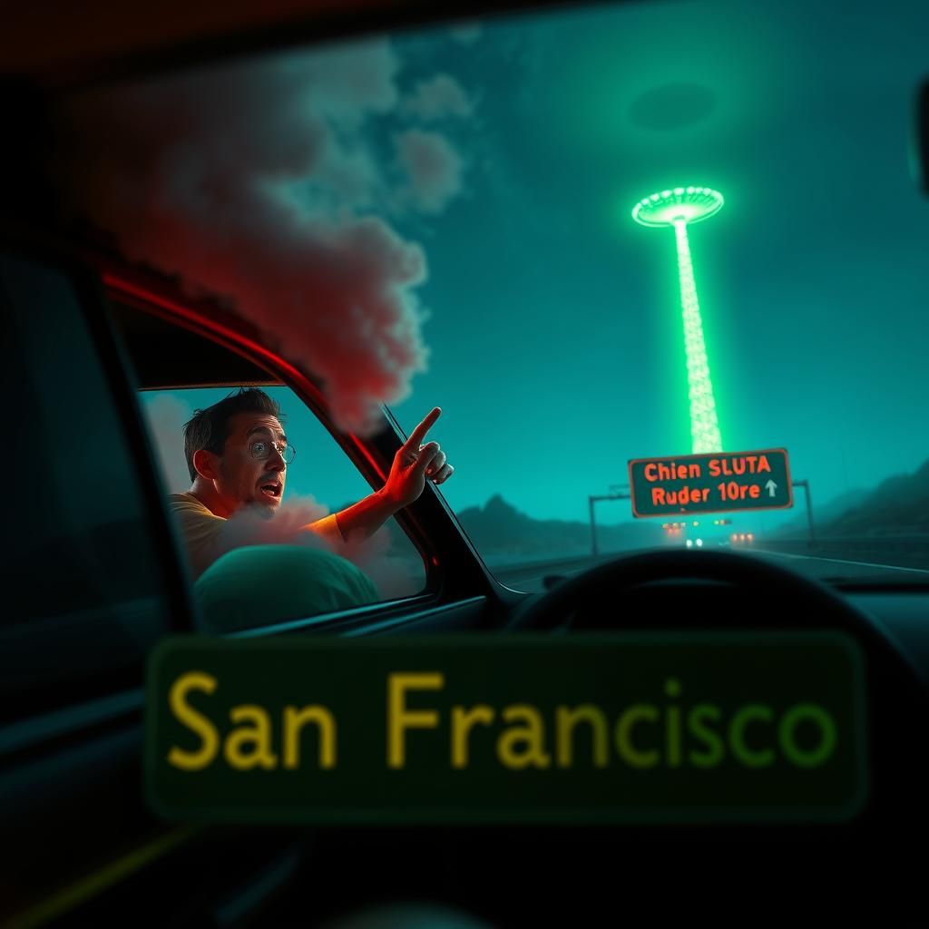 Claymation Car Chasing UFO on Highway