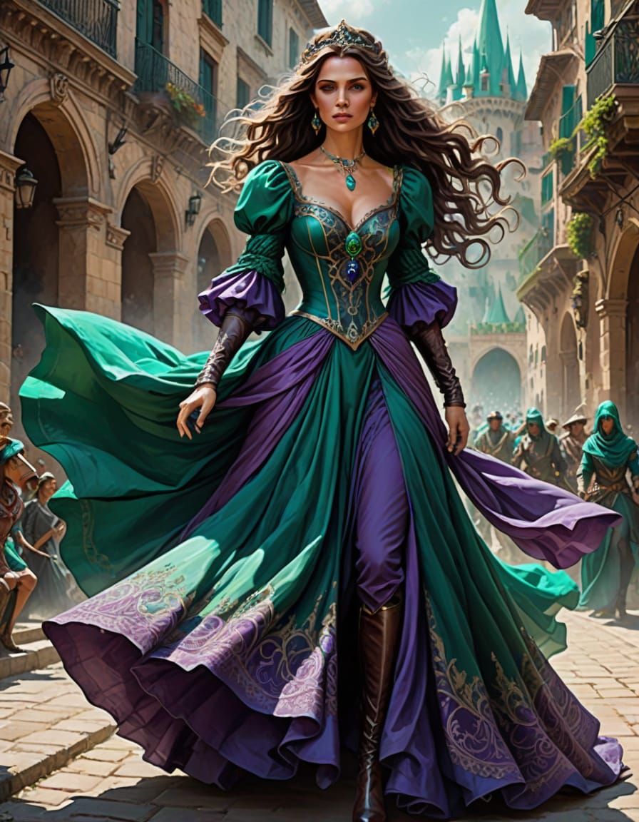 Ethereal Princess Horsewoman in Emerald and Purple Regalia