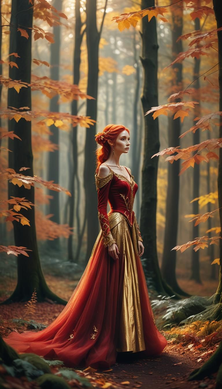 Elf in Red Gown in Autumn Court