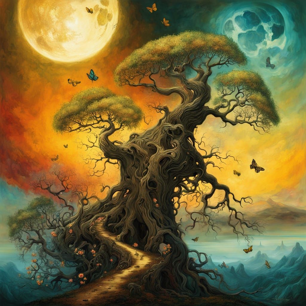 Life and Death Tree in Realistic-Surreal Style