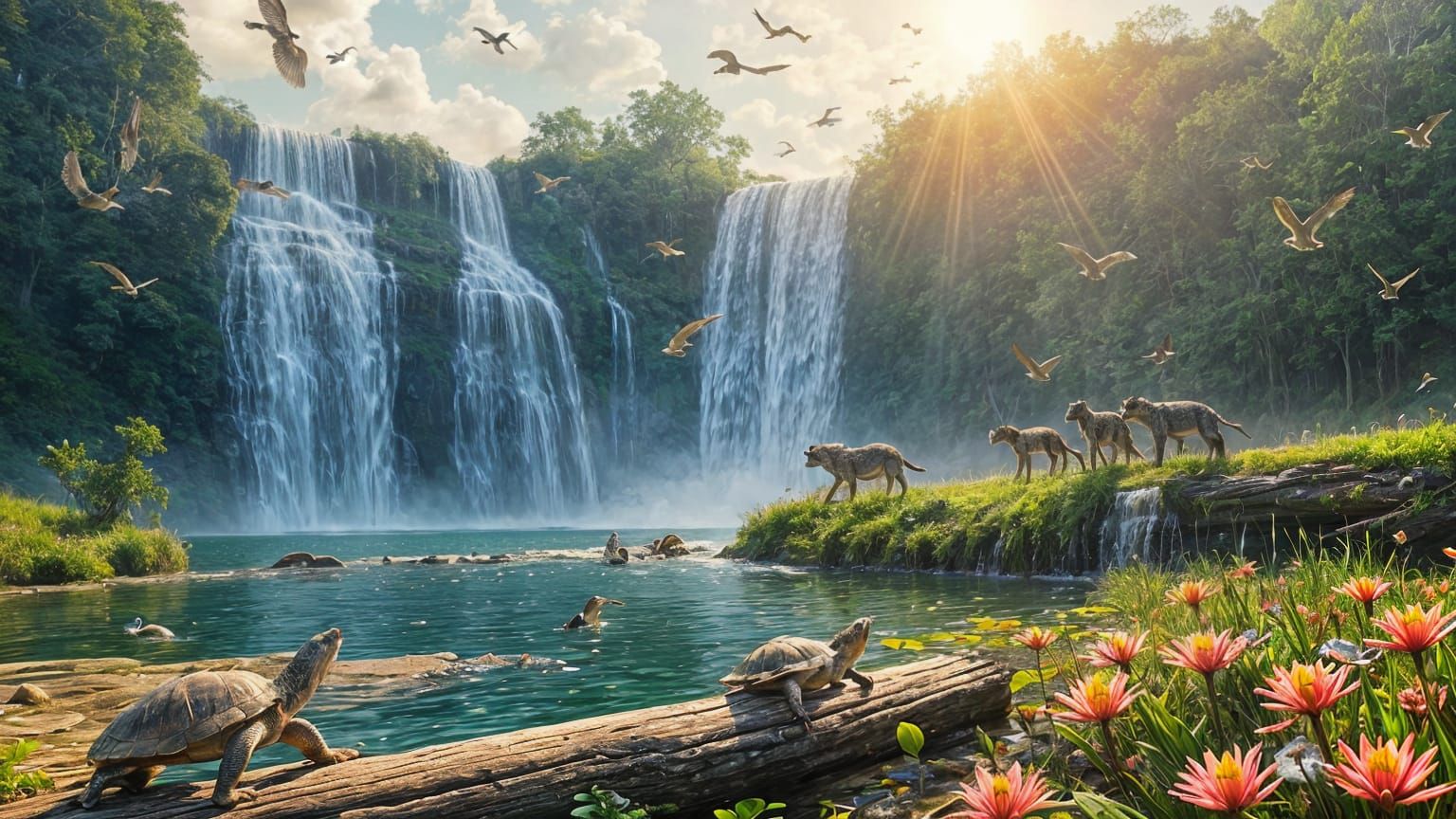 Hyper-Realistic Landscape with Thundering Waterfall and Wild...