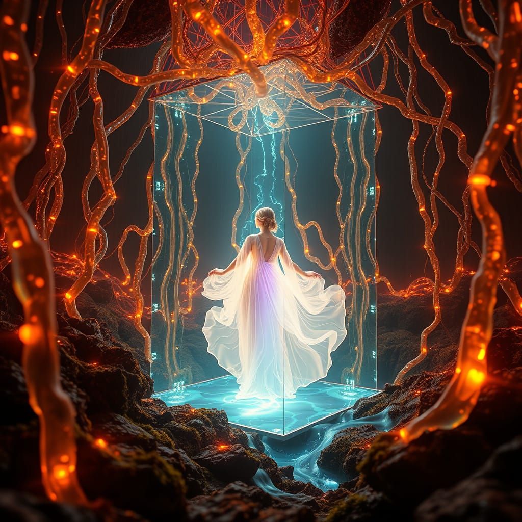 Ethereal Ferrofluid Entity in Luminous Liquid Landscape