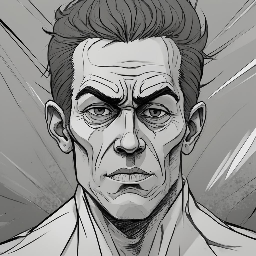 Stern Face in Graphic Novel Style, Minimalist Ink Drawing