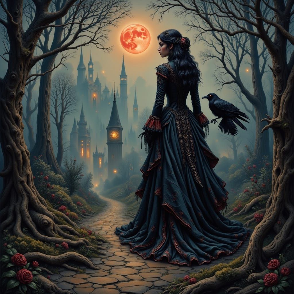 Gothic Romance: A Woman Led by a Majestic Black Crow