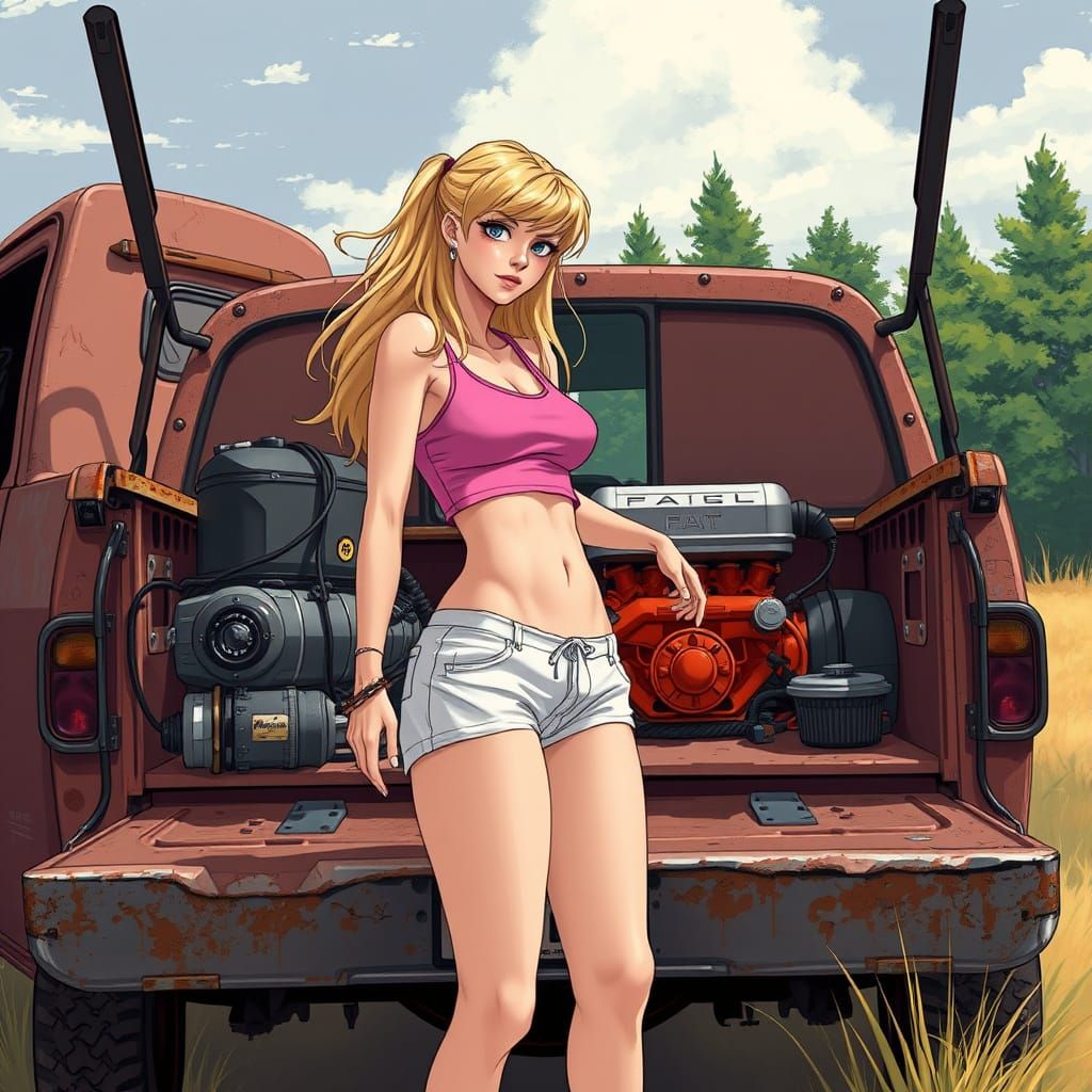 Teen Girl Loads Car Engine into Truck, Digital Art Style