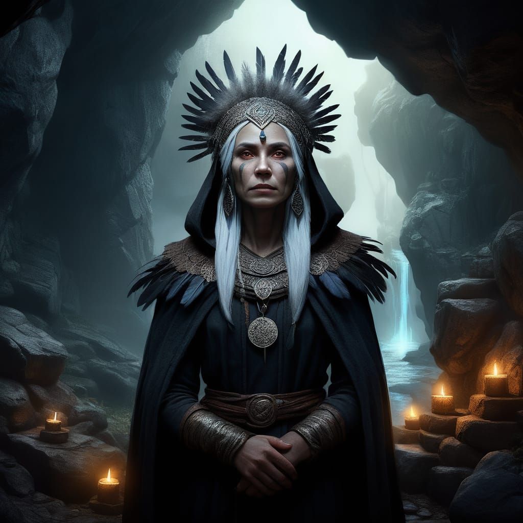 Mystical Elder Woman at Mountain Cave Entrance