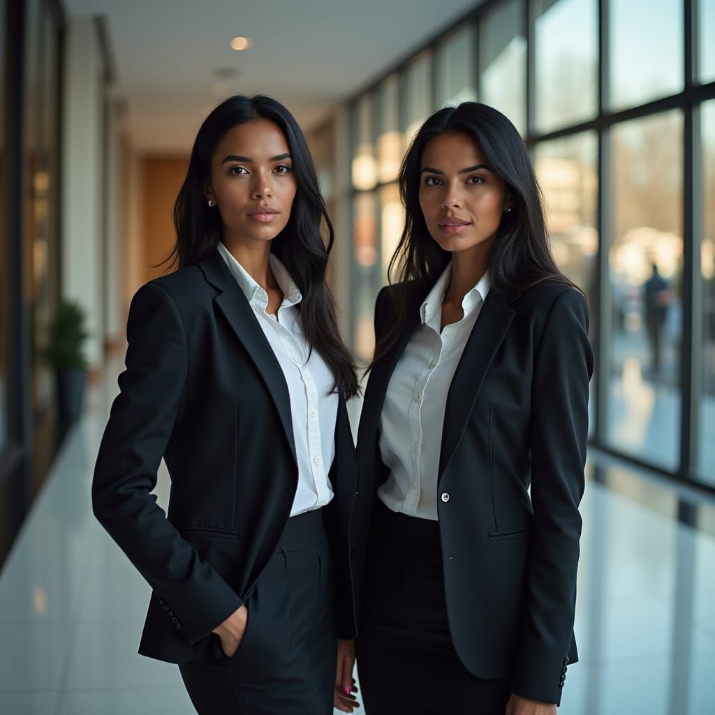 Confident Women in Modern Office Lobby, Hyperrealistic Style