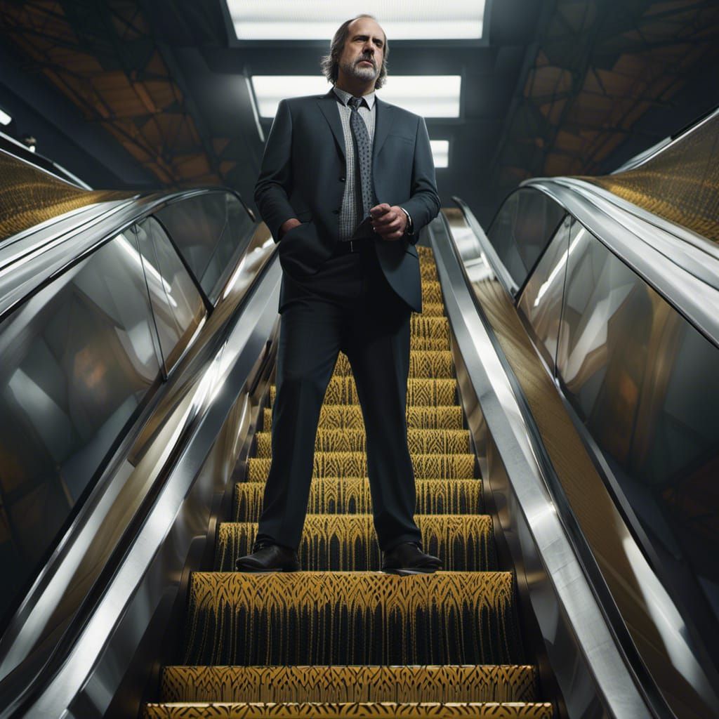 Hyperrealistic Portrait of a Man on Escalator