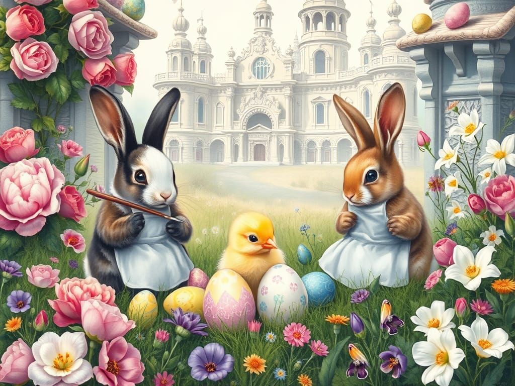 Easter Bunnies Painting Eggs in Impressionist Style