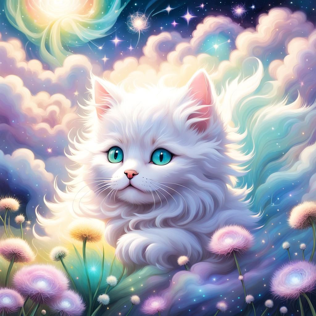 Dreamlike Kitten in Iridescent Fantasy Landscape