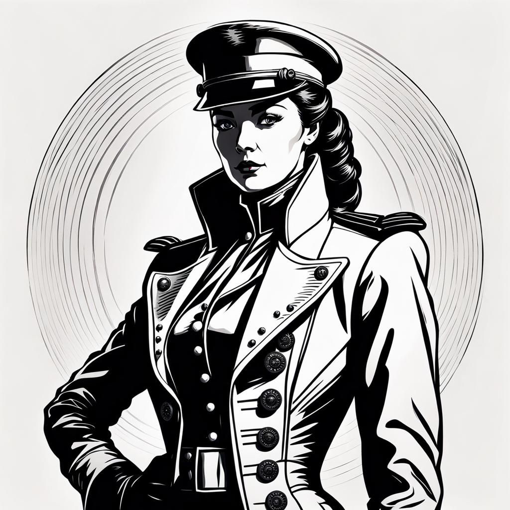 Retro Sci-Fi Lady in Black and White Line Art