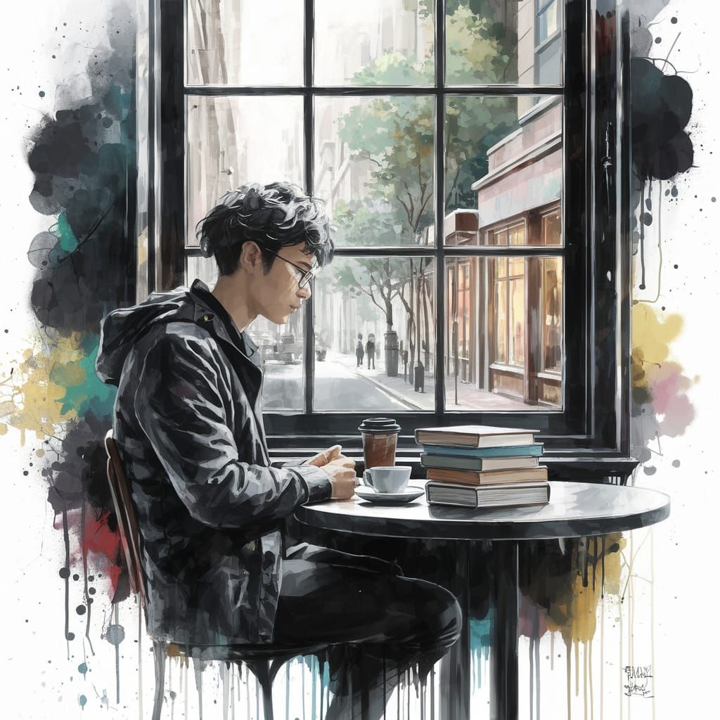 Student in Cafe with Minimalist Ink Brushstrokes