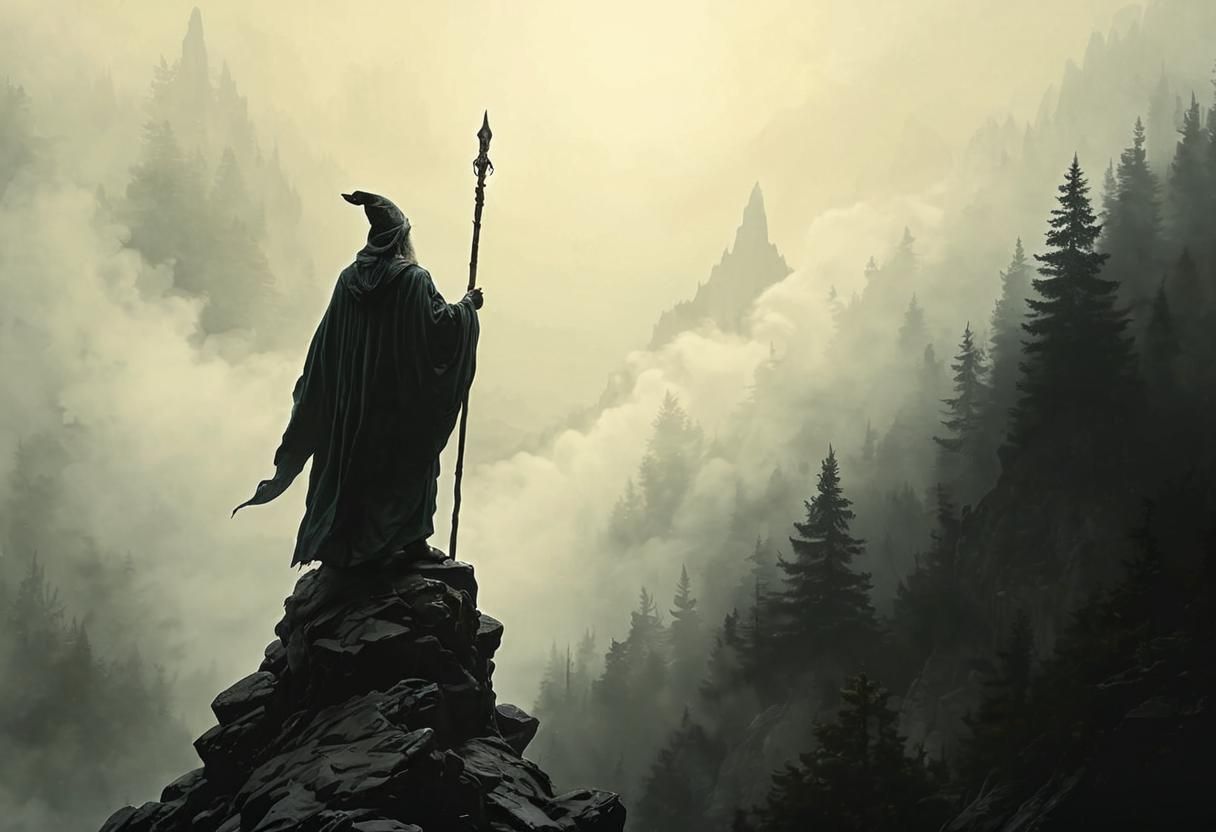 Wizard on Rocky Promontory in Dark Forest