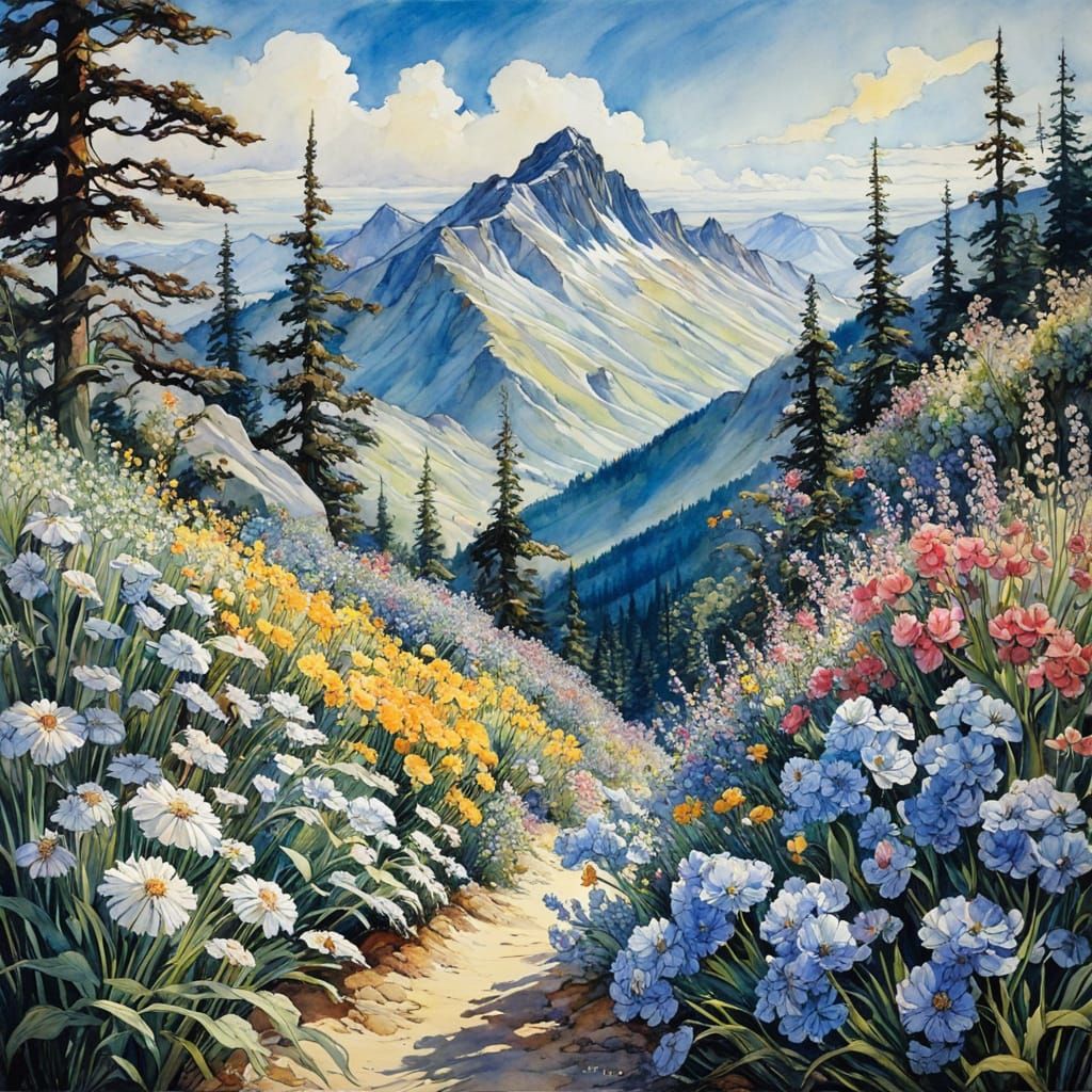 Dreamy Watercolor Mountains with Vibrant Blooms