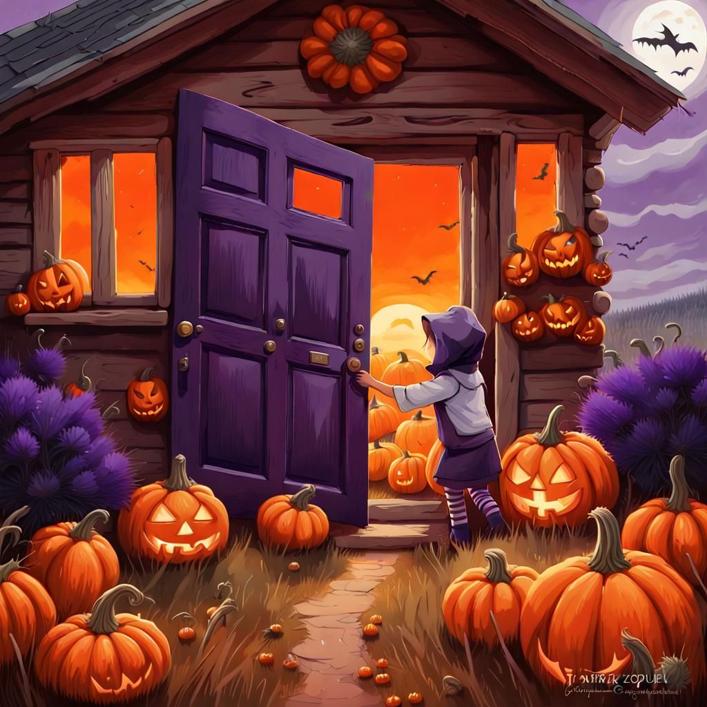 Halloween Children at Pumpkins House Door Digital Painting