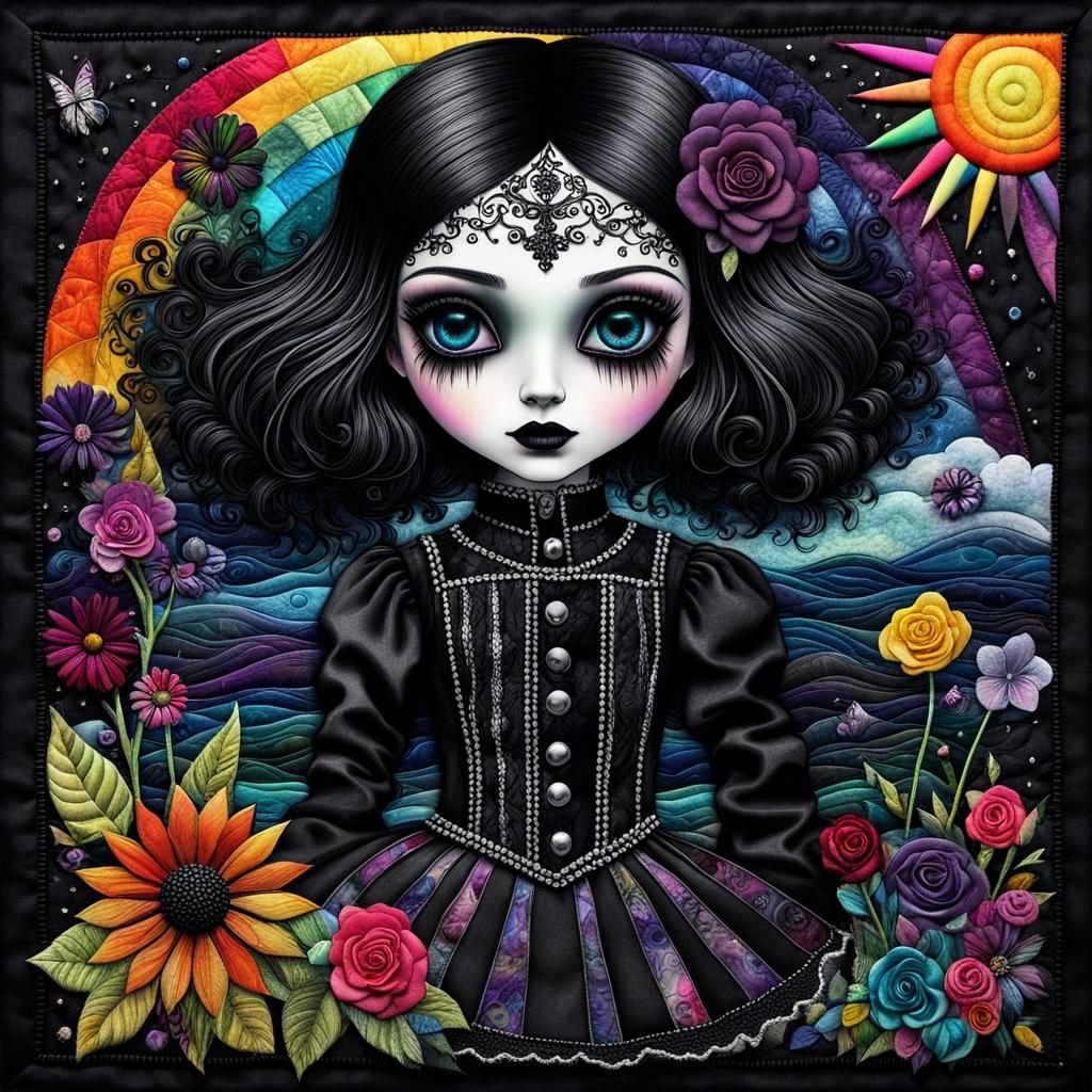 Chibi Goth Girl in Surreal Crayon Drawing Style