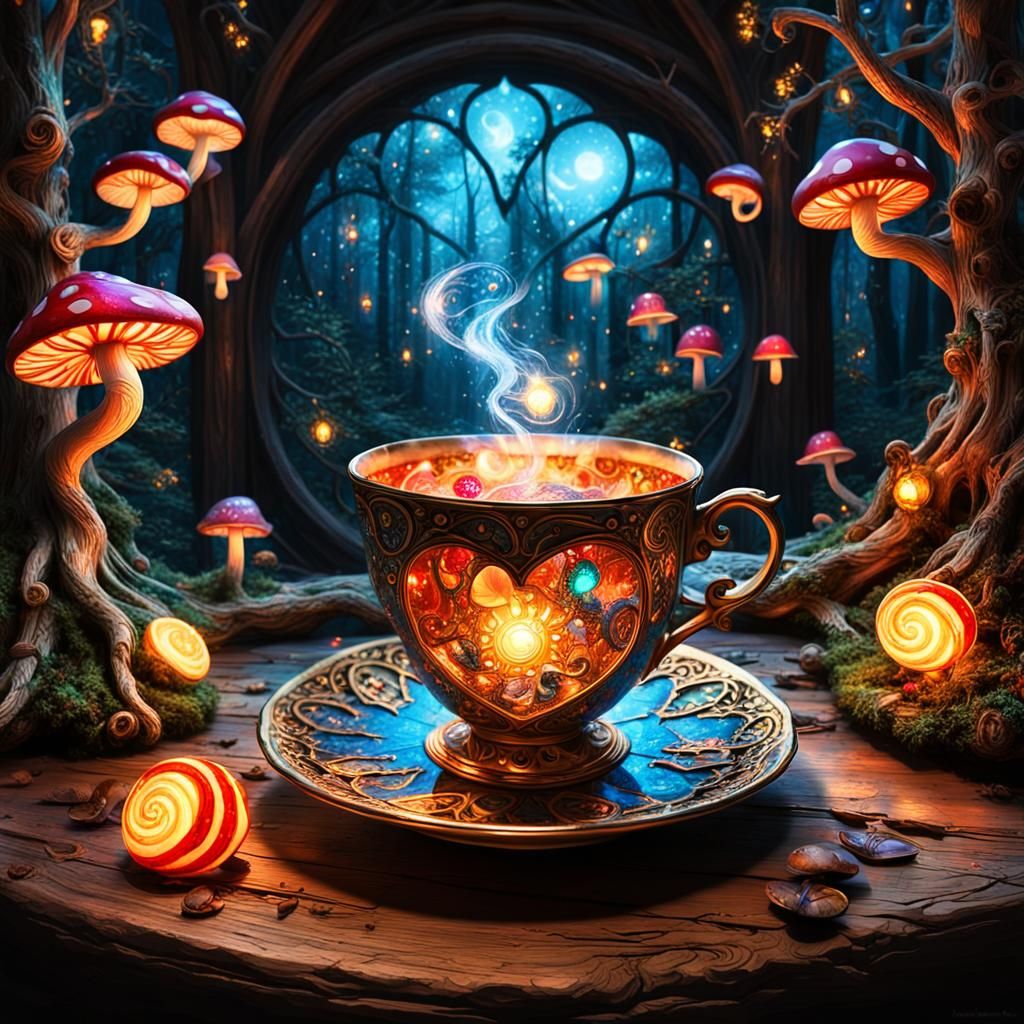 Glowing Teacup in Enchanted Forest