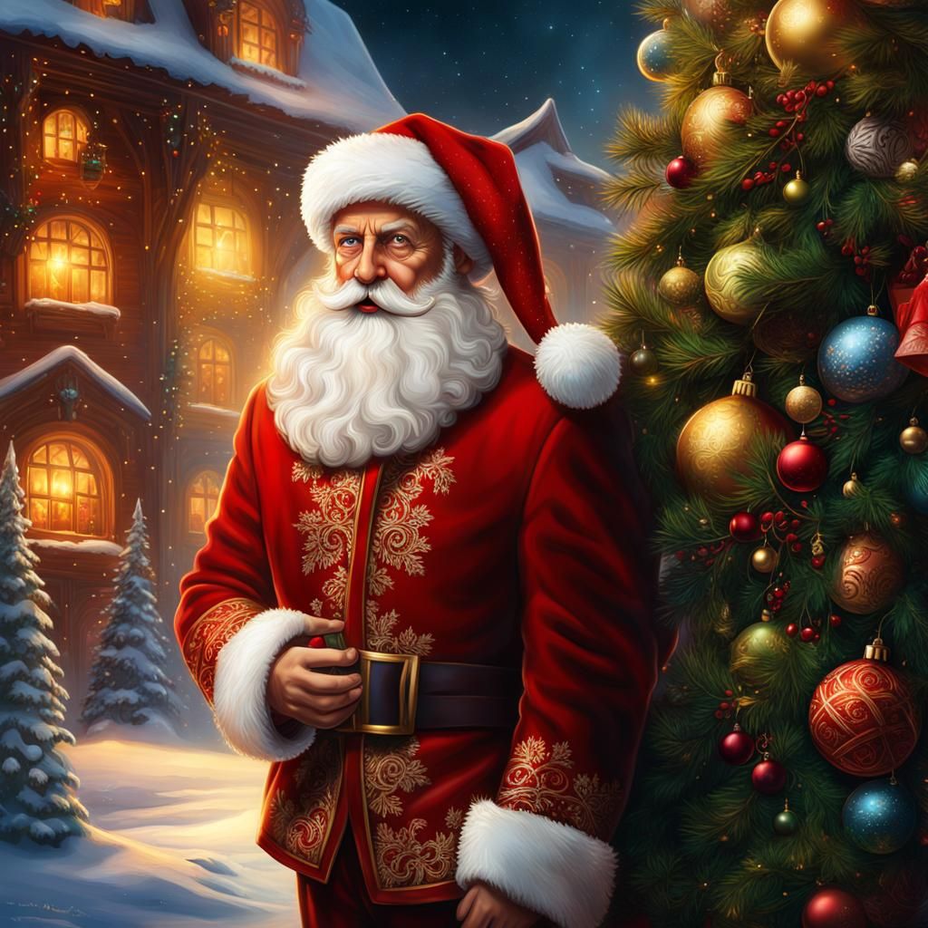 einen niedlichen kleinen Jungen als Weihnachtsmann verkleidet, Jacke und Hose sind etwas zu groß und hinter ihm liegt ei...