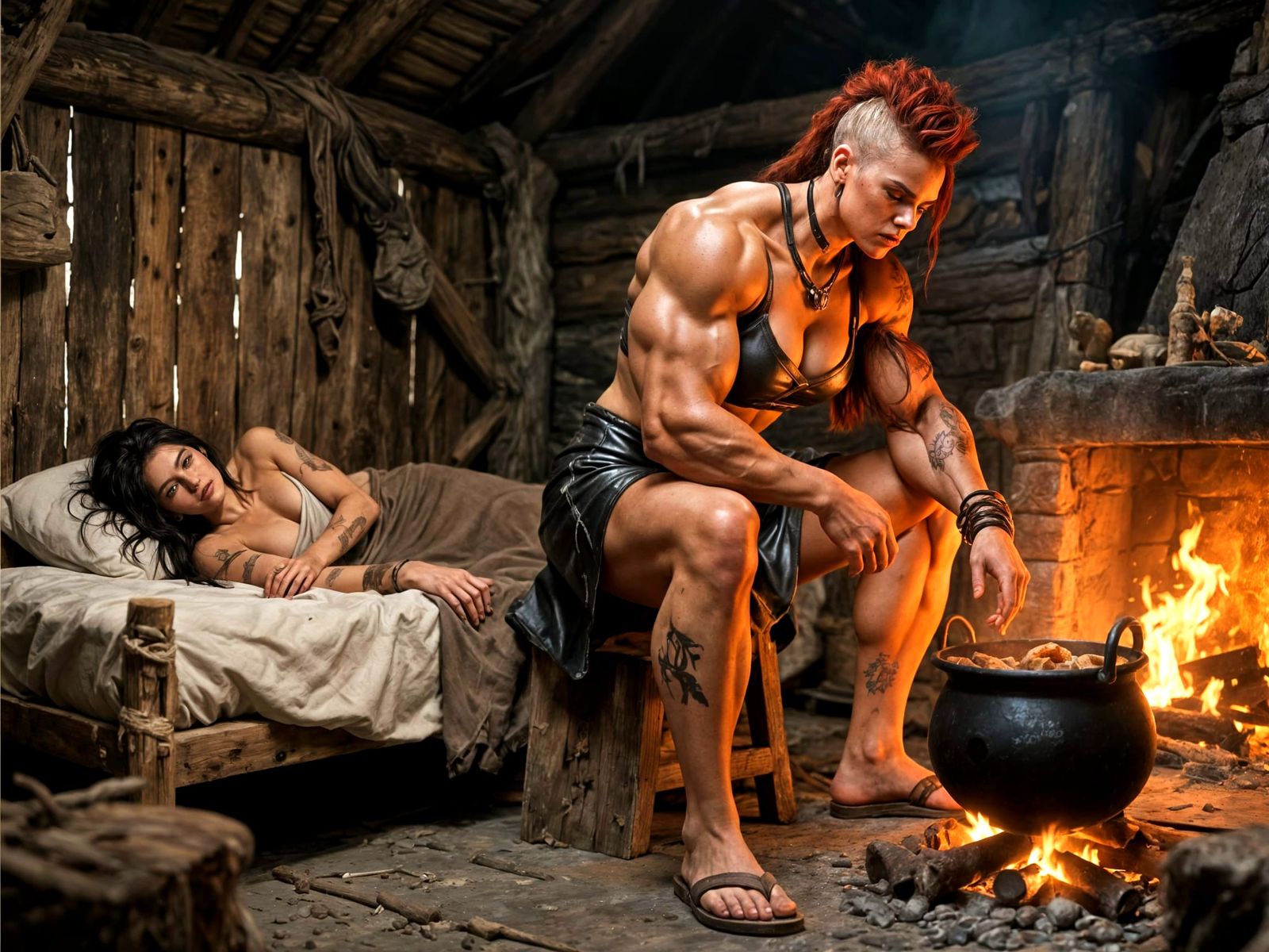 Amazonian Warrior Cooks Meal in Rustic Hut