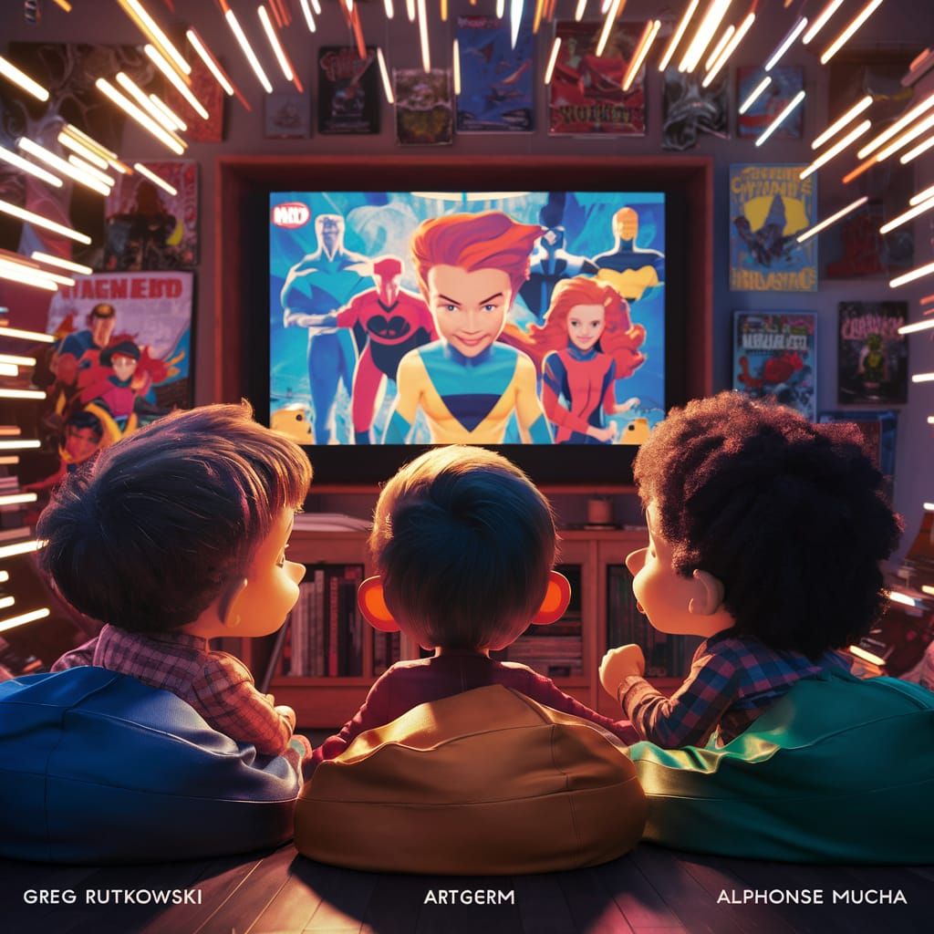 Children Watching X-Men, Digital Art in Greg Rutkowski Style