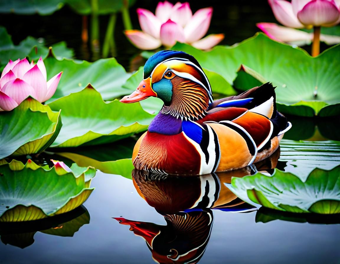 Mandarin Duck in Lotus Pond: Gouache Impressionist Style