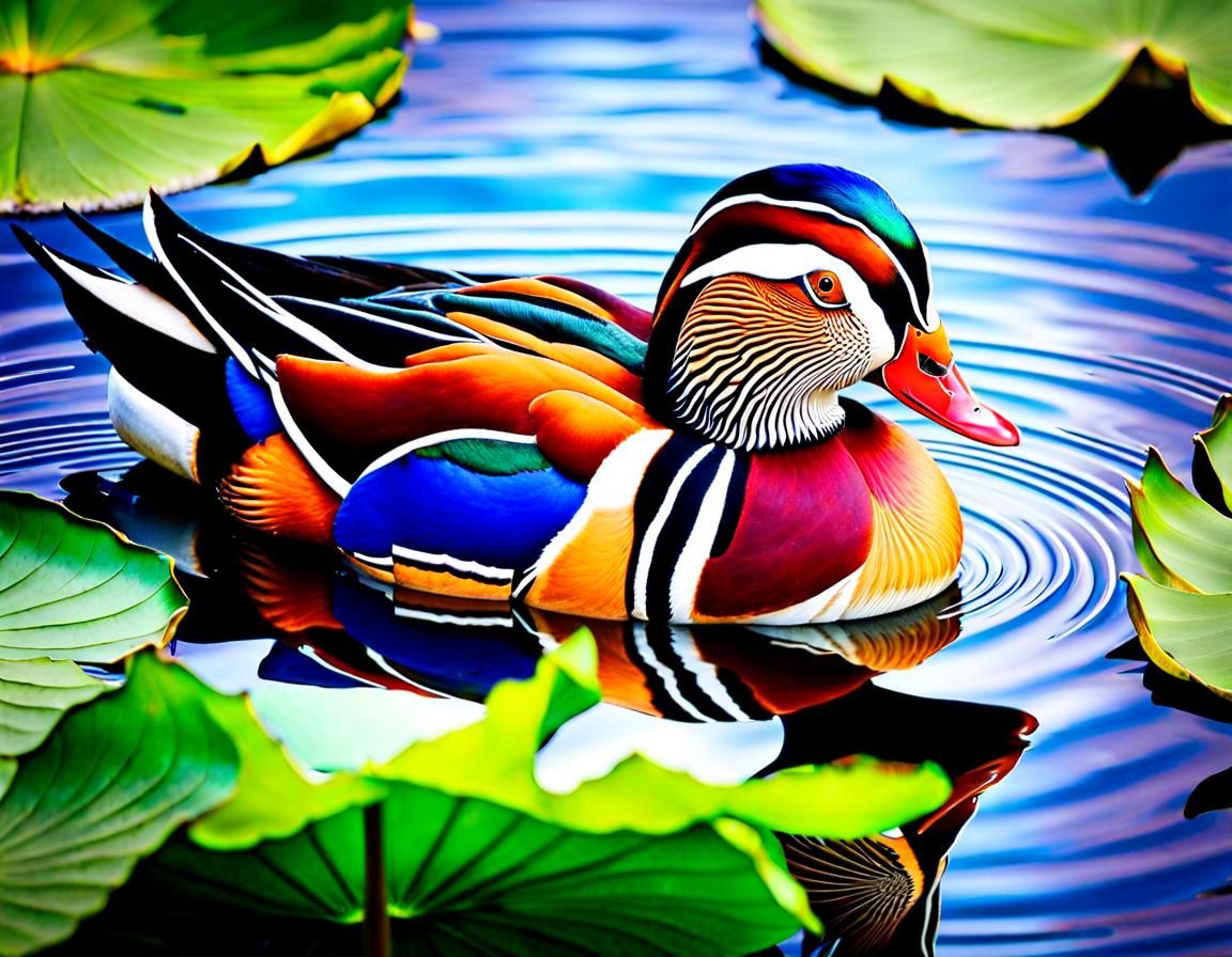 Mandarin Duck in Lotus Pond, Impressionist Gouache Style