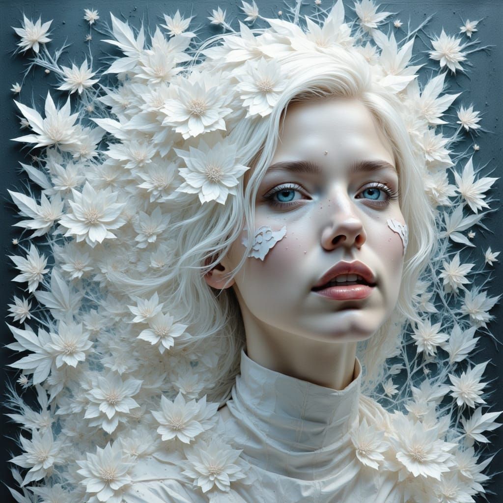 <lora:Charcoal colour:1.0> White Hair sculpted into geometric shapes with white nature elements