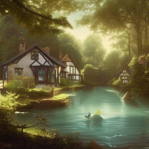 Victorian Village by Turquoise River: Fantasy Art
