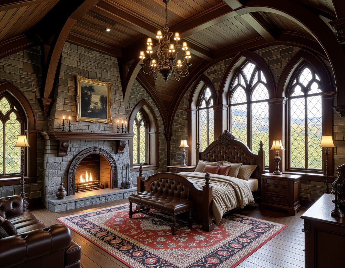 Gothic Bedroom with Library Loft and Forest View