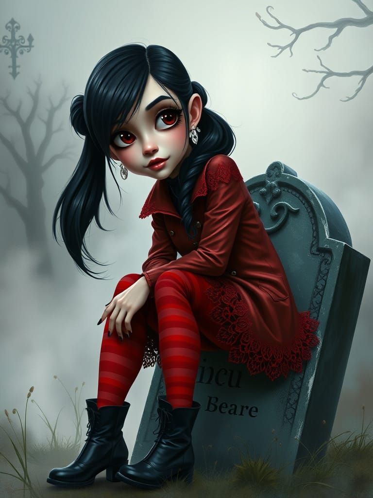Gothic Caricature of a Young Woman on Tombstone