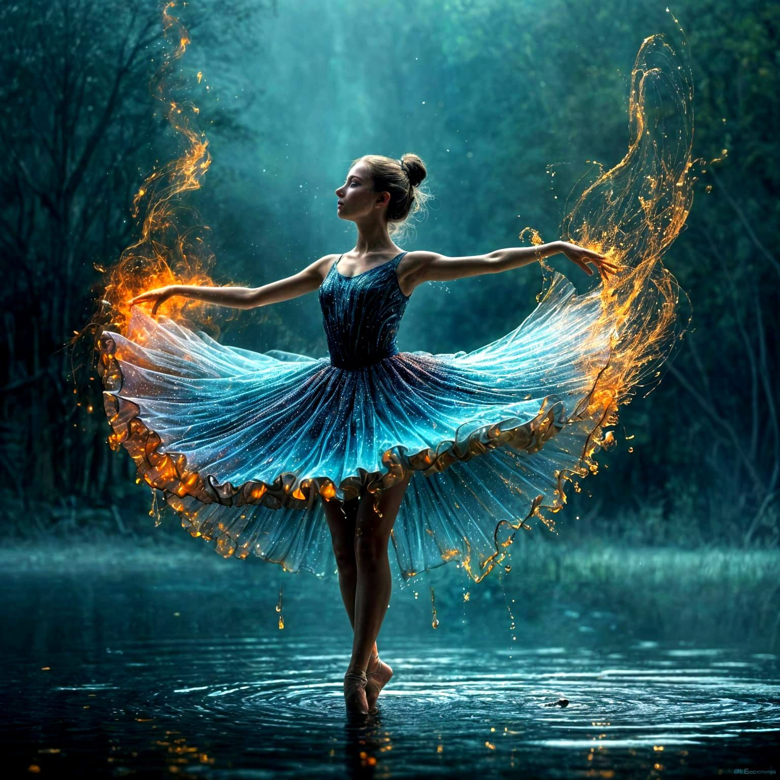 Surreal Glowing Ballerina Dances on Lake of Flames