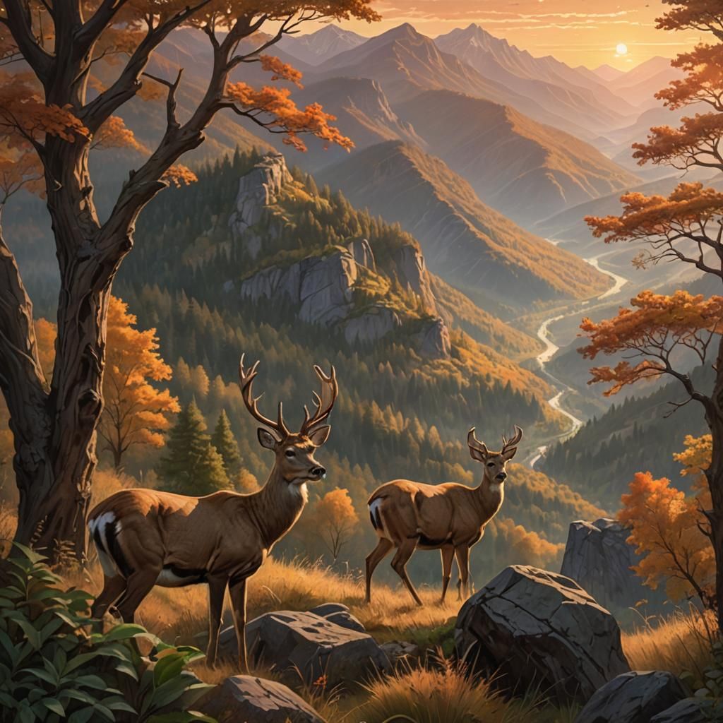 Deer in Majestic Valley at Sunset: Hyperrealistic Concept Ar...