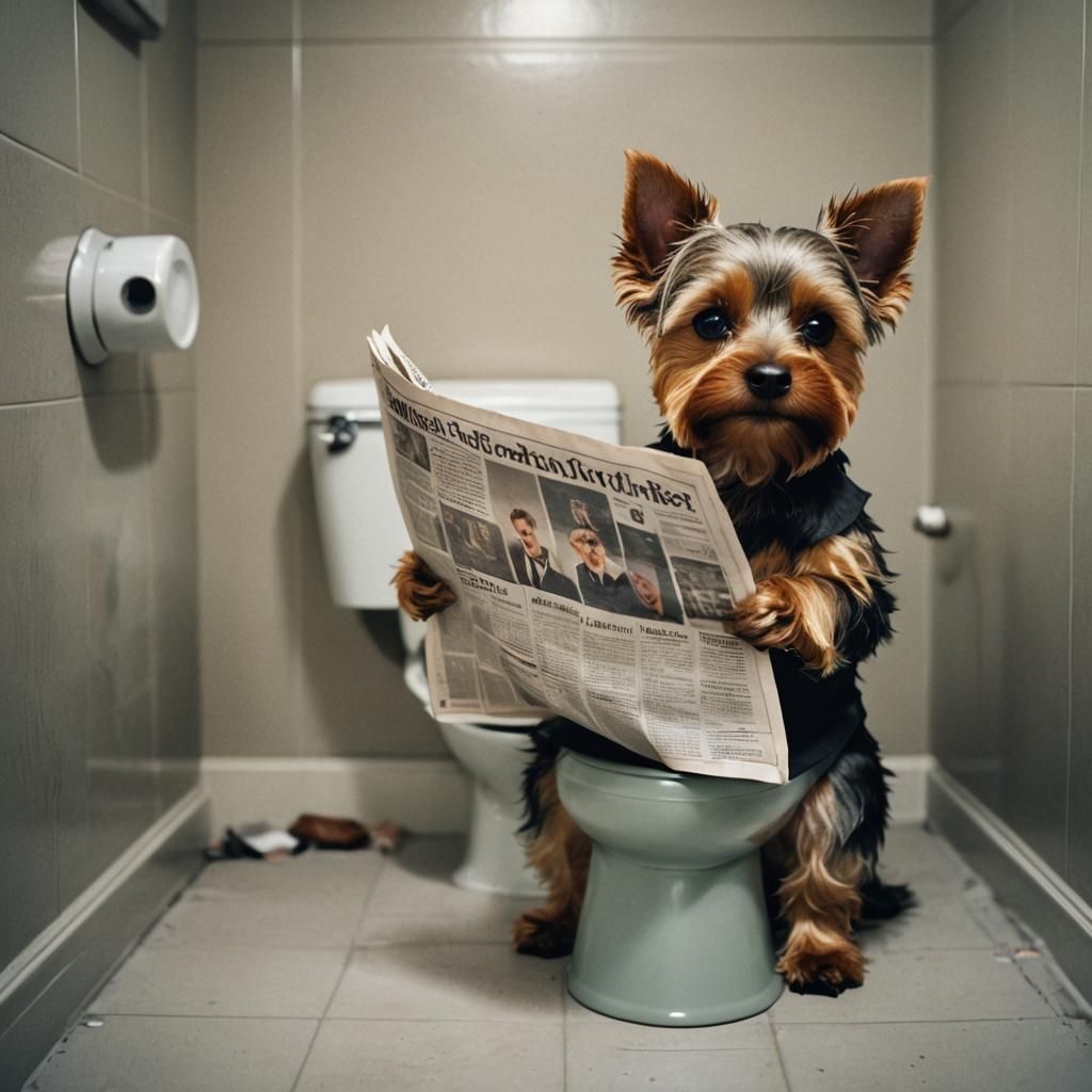 Yorkie on Toilet Reading Newspaper: Cinematic Still