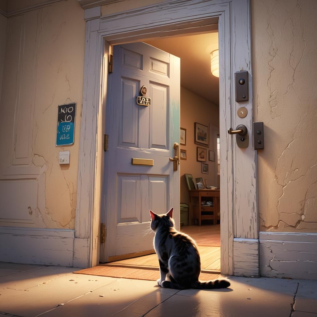 Dejected Cat at Door in Pixar Animation Style