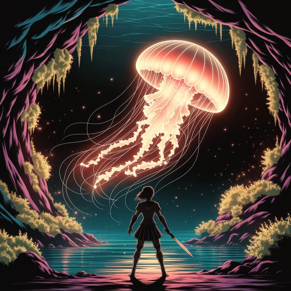 Warrior vs Bioluminescent Jellyfish in Ghibli Anime Cavern