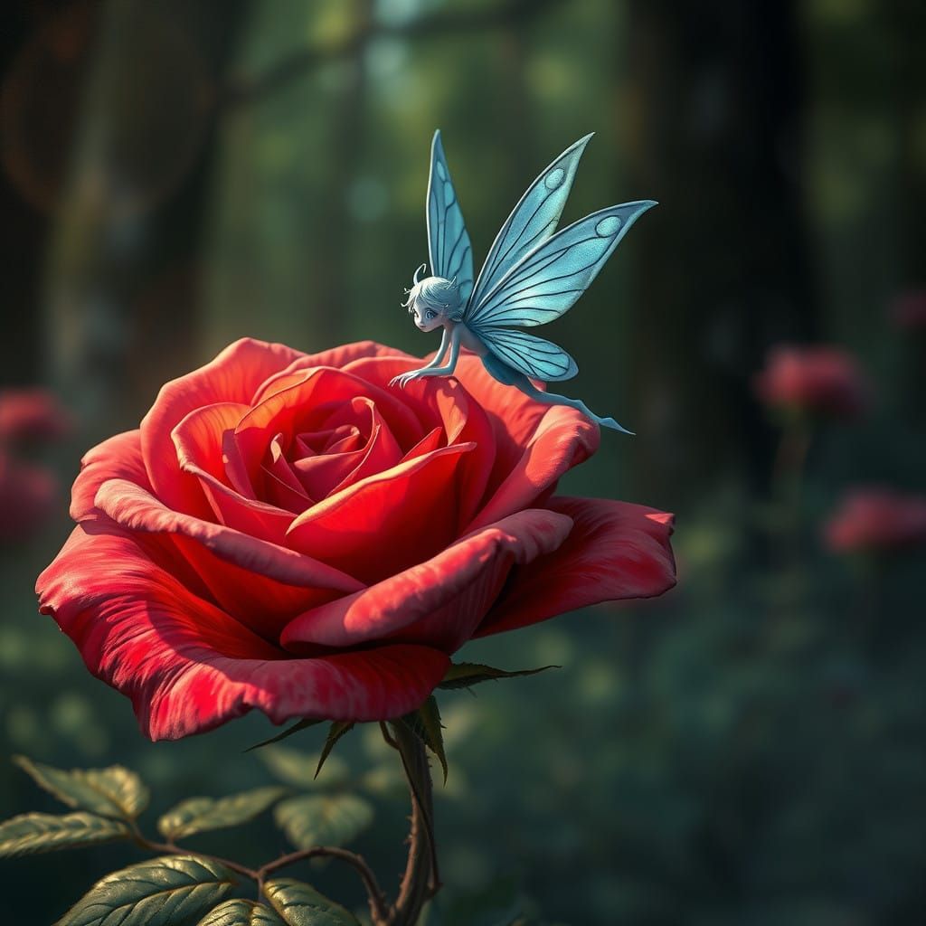 Mystical Blue Fairy on Red Rose in Whimsical Forest