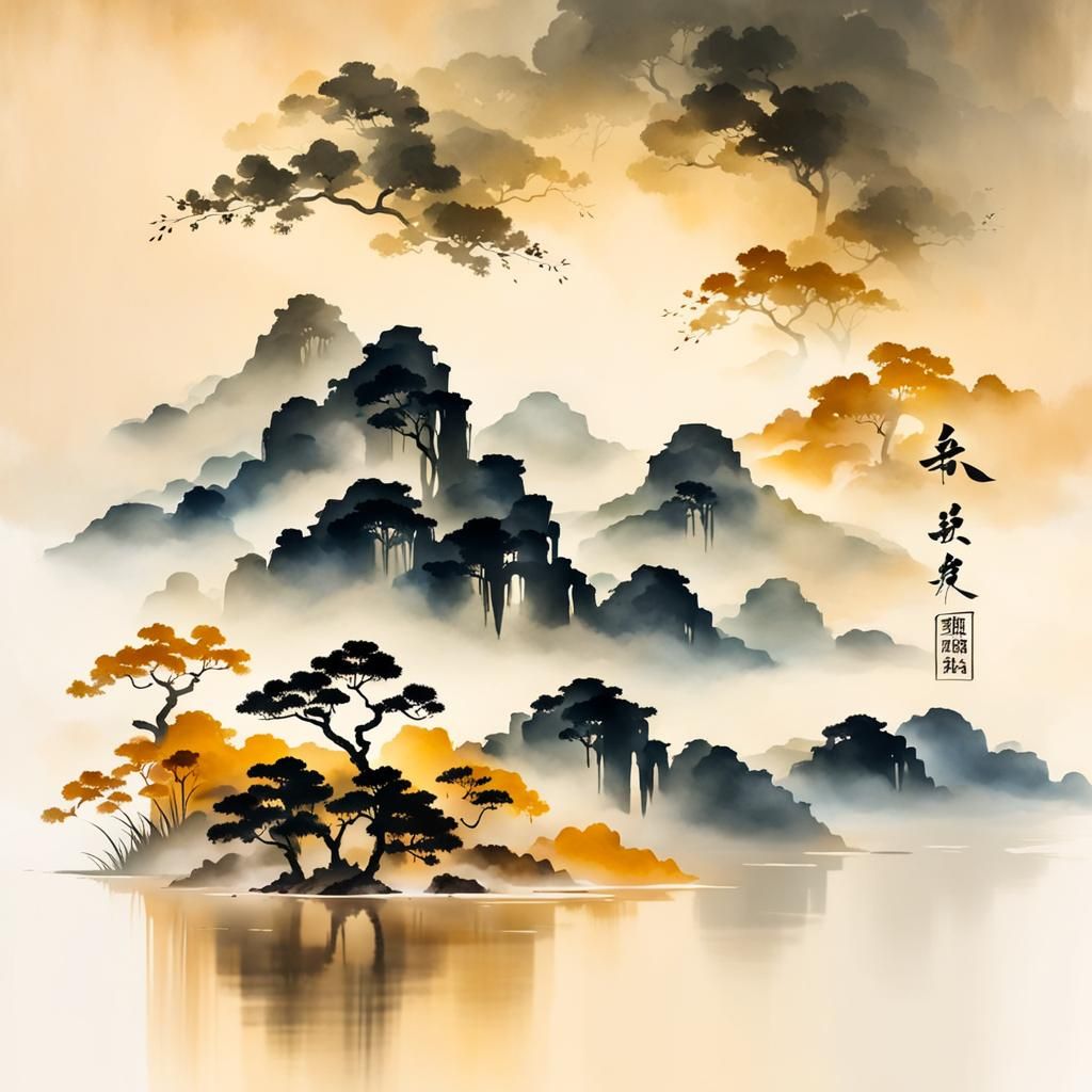 Chinese Pavilion in Muted Ink Painting Style