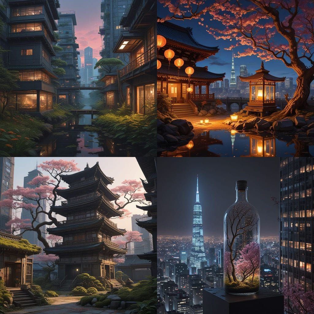 Ethereal Futuristic Japan Garden Blooms in a Bottle amidst S...