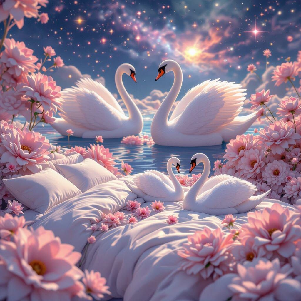 Pastel Fractal Flowers and Swans in Anime Style