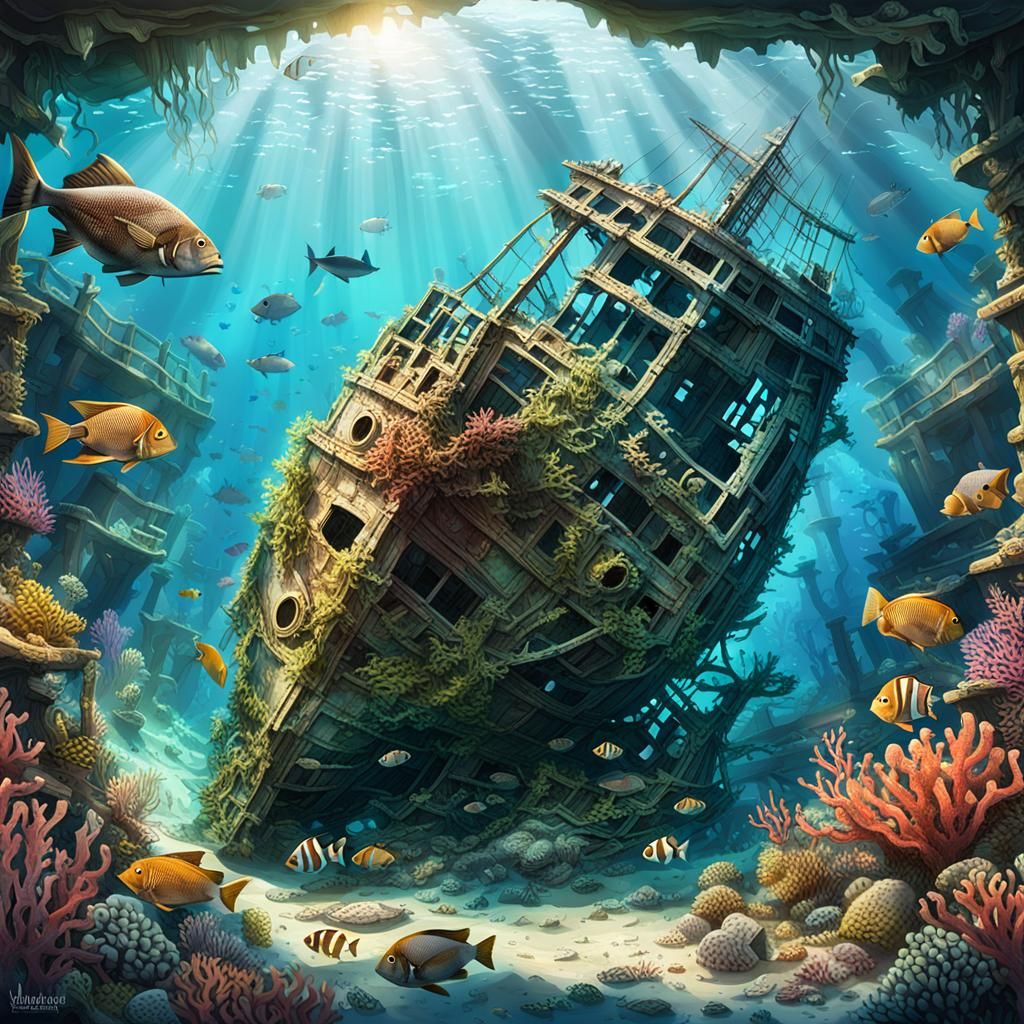 Underwater Shipwreck Cinematic Illustration in 8k