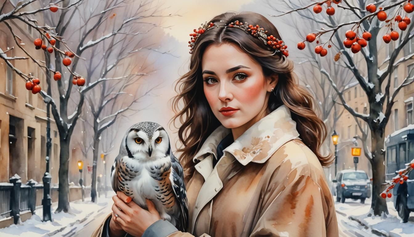 Ethereal Watercolor Portrait of Woman with Bird