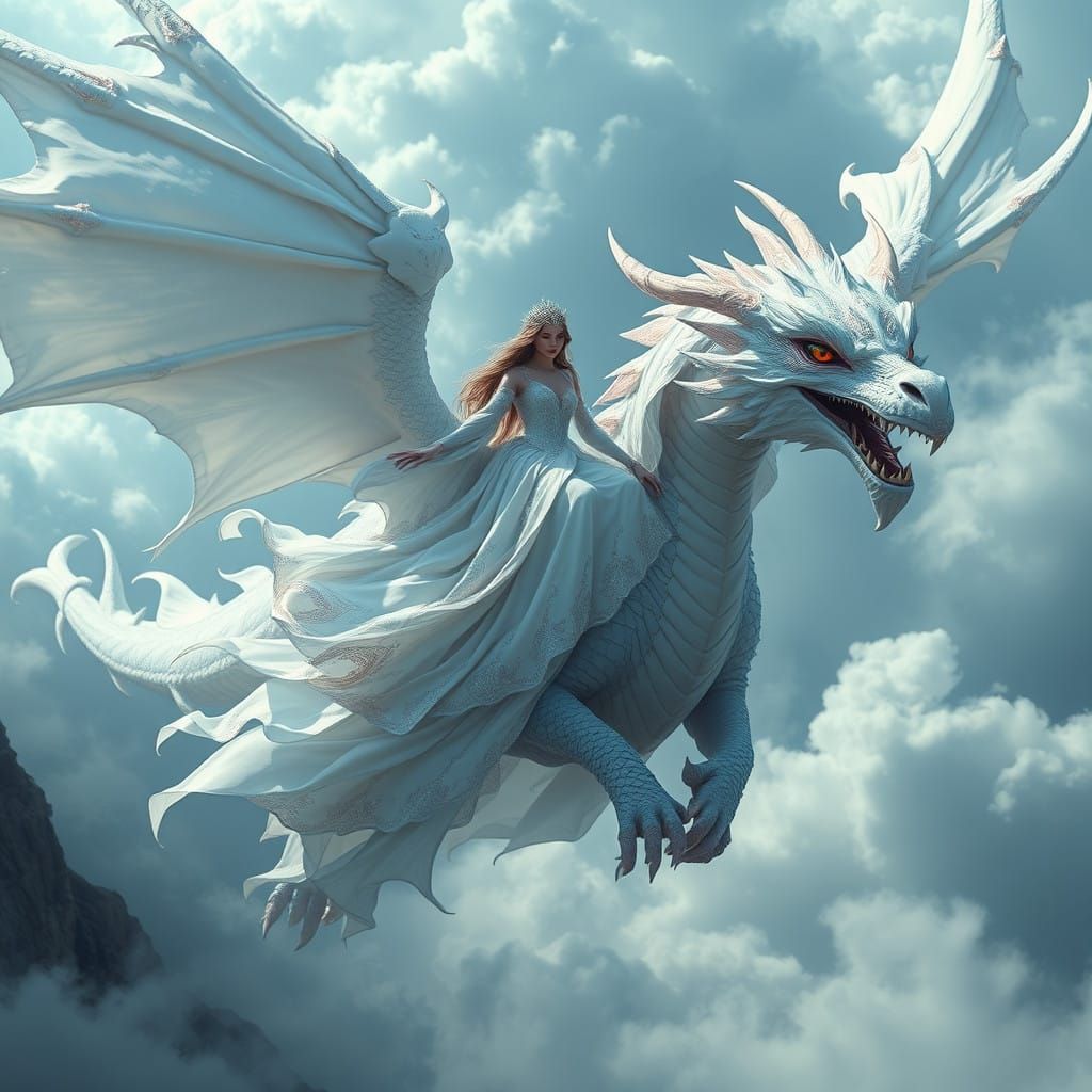 Goddess Flying on Majestic Dragon, Swirling in Ethereal Clou...