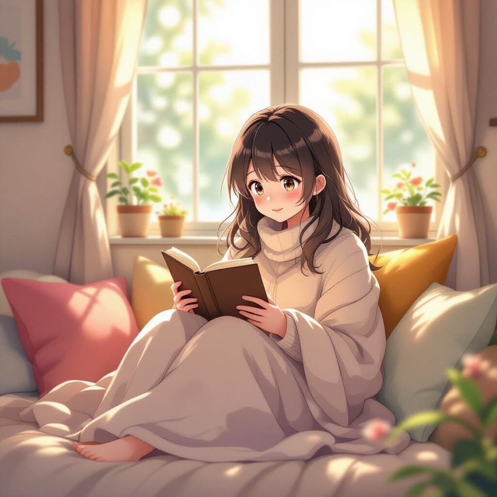 Anime Girl Reading in Cozy Sunlit Room