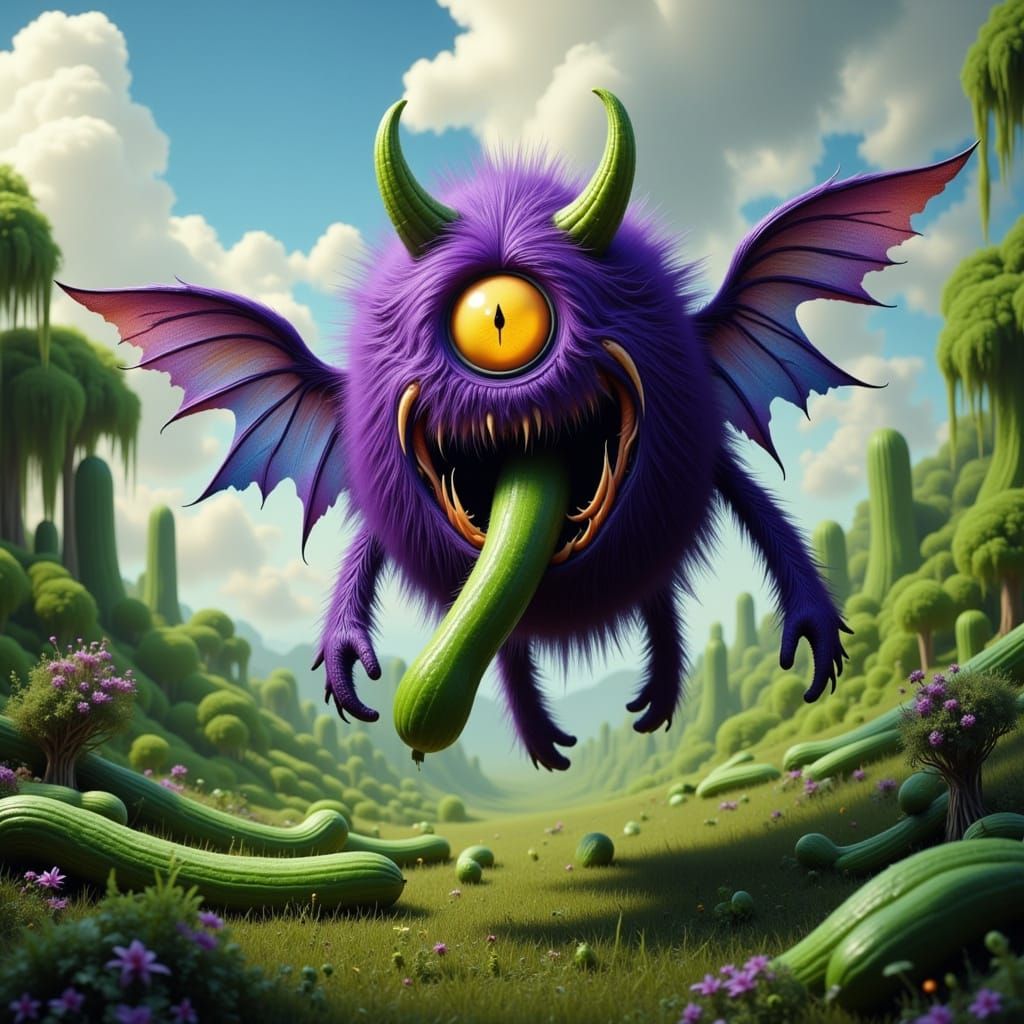 Fuzzy Purple Cyclops Monster Eats Pickle in Sci Fi Garden