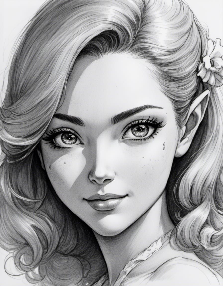 Enchanted Beauty B&W Fantasy Style Pencil Sketch Portrait (S...