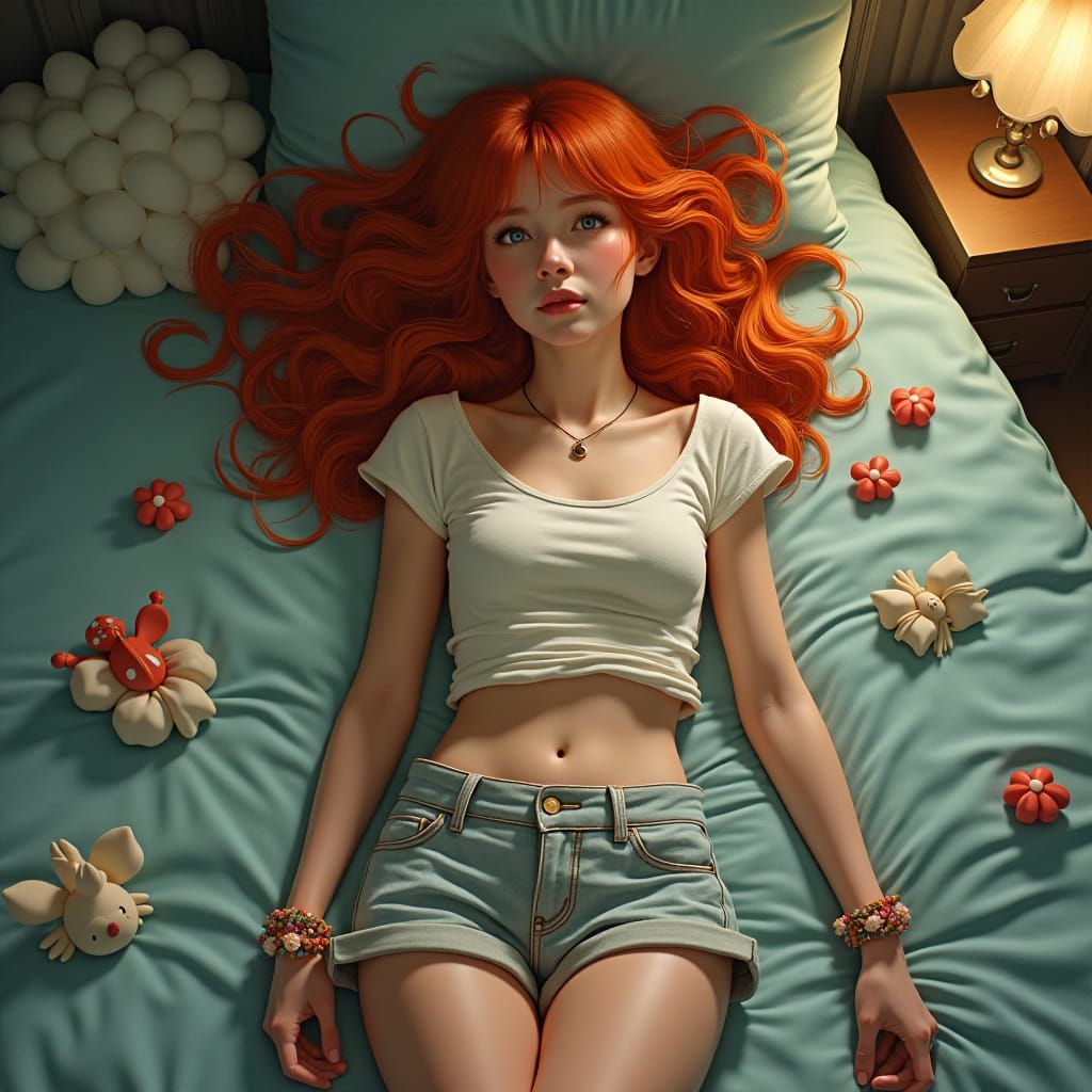 Dreamlike Ginger-Haired Girl in Bed: Concept Art
