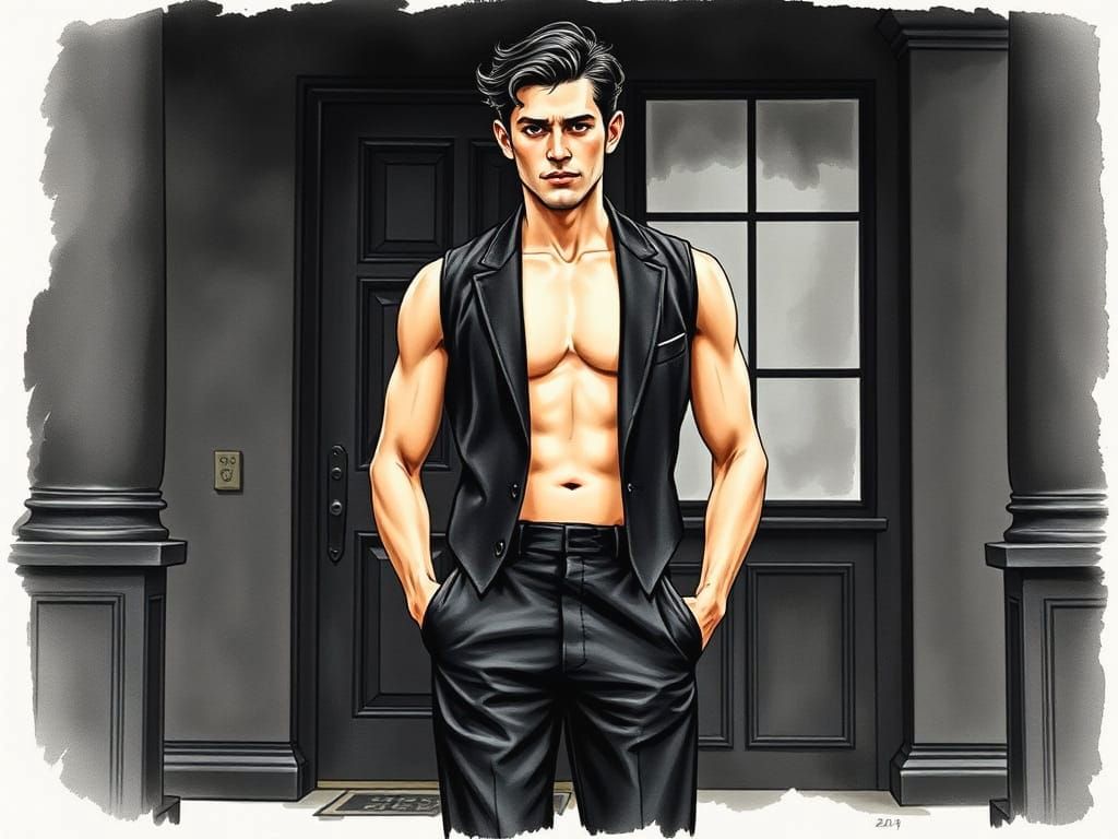 1920s Muscular Man in Black Watercolor Style