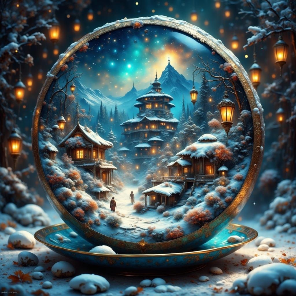 Fantastical Snowy Teacup Scene with Snow Leopard