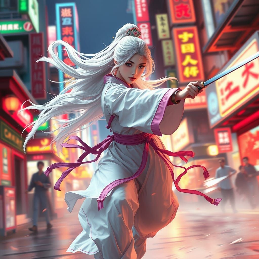 Ethereal Korean Warrior in Modern Hanbok Attire, Dashing Thr...