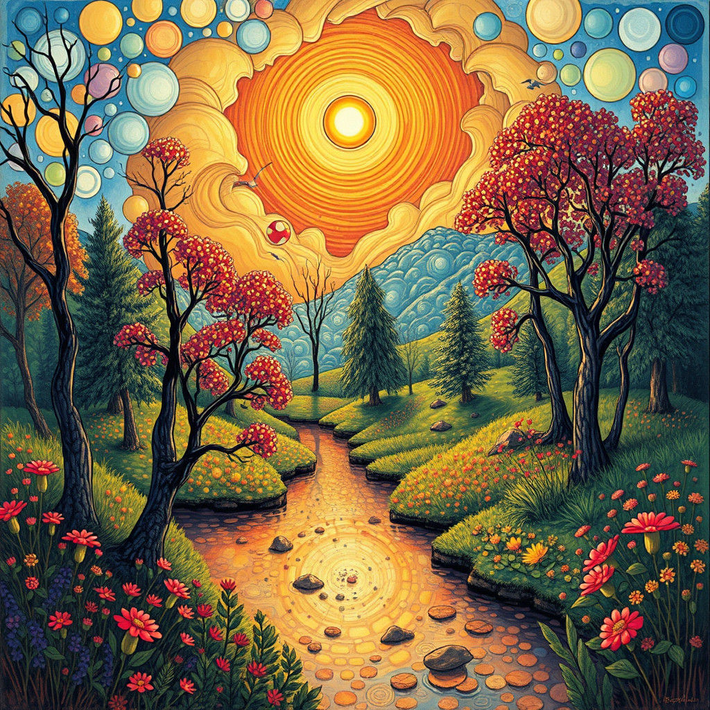 Fantastical Doodle World: Radiant Impressionistic Landscape